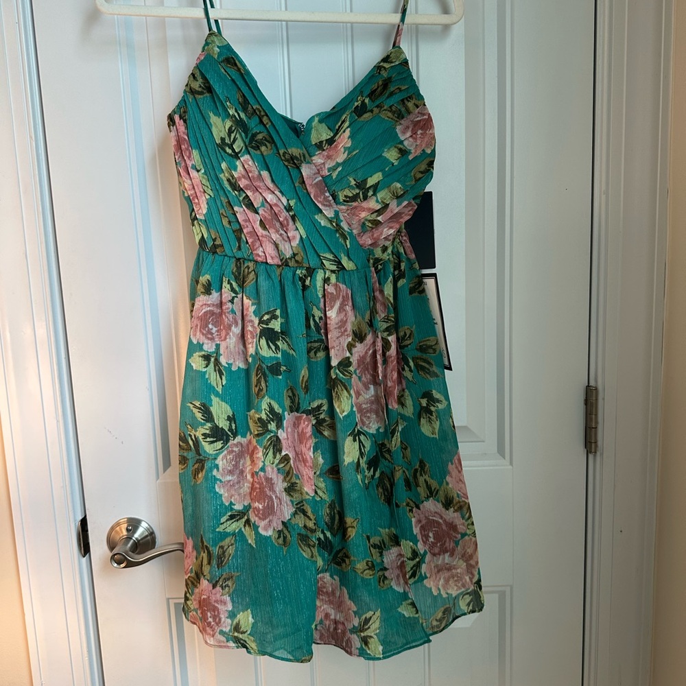 Floral Teal Dress with Pink Roses